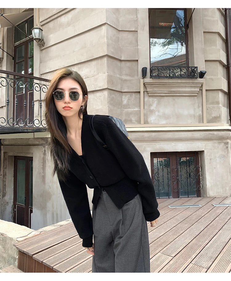 AOSSVIAO Knitted Casual Cardigan 2025 Autumn Winter Elegance Solid Color V-neck Sweater Unique and Niche Slim Fit Tops Badiee Stylez