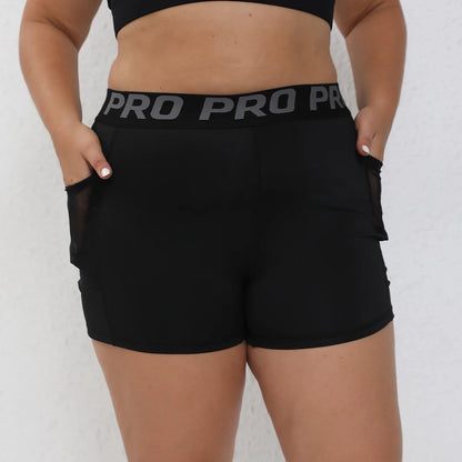 Plus Size Women Letter Shorts for Mesh Pocket Black High Waist Yoga Shorts For Fitness Running Workout Woman Pants 0XL-4XL