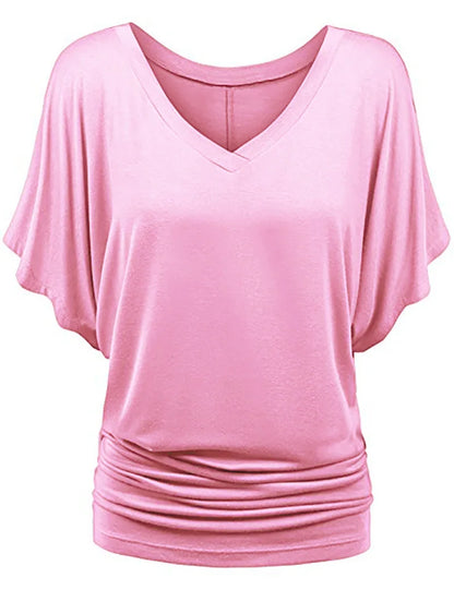 Women V Neck Short Sleeve Pleated Loose T-shirts Summer Lady Batwing Sleeve Oversized S-5XL Tee Shirt Tops OUYMFZ-A1375 Pink