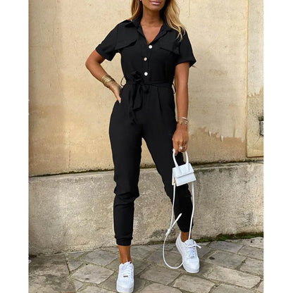 Women's Monochrome Jumpsuit 2024 Spring/Summer Comfortable Casual Flip Collar Printed Belt Work Dress Women's Jumpsuit