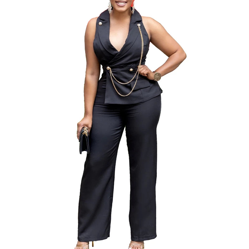 Elegant Blazer Jumpsuits Summer Clothes Women Sleeveless V-Neck Straight Pants Rompers Playsuits OL Style One Pieces Overalls Badiee Stylez