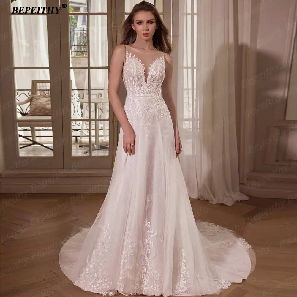 BEPEITHY Customized Strapless A Line Off Shoulder Long Sleeves Bride Ivory Wedding Dresses Glitter Court Train Bridal Gown 2025 Badiee Stylez