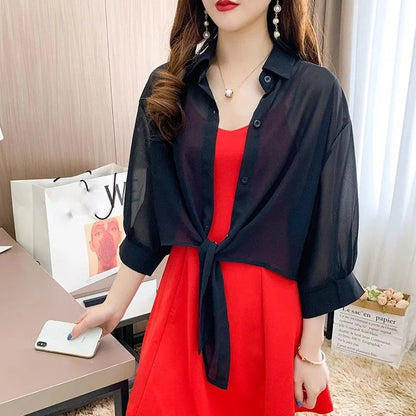 Xpqbb Summer Sun Protection Shirts Ladies Solid Color Tied Waist Half Sleeve Button Blouse Women Casual Loose Chiffon Shirt