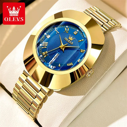 OLEVS Golden Quartz Watch for Women Fashion Elegant Tungsten Steel Case Waterproof Wristwatches Luxury Original Ladies Watch New Gold Blue-JL