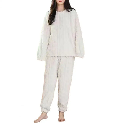 Women Warm 2 Piece Sets Thicken Soft Velvet Ribbed Fleece Set Pullover And Pants Casual Pajama Sets Women Autumn Winter 2023 WHITE