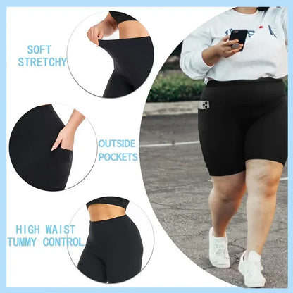 Women's High-Waisted Yoga Shorts Plus Size Workout Leggings with Dual Pockets Stretch European Style Activewear for Gym & Casual