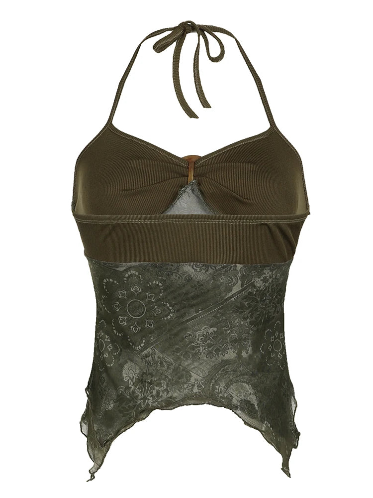 Rockmore Boho Vintage Print Mesh Patchwork Crop Top Women V Neck Camis Y2K Streetwear Female Coquette Aesthetic Clothes 2024