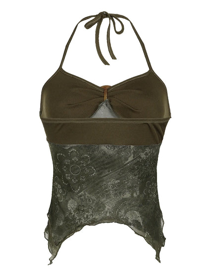 Rockmore Boho Vintage Print Mesh Patchwork Crop Top Women V Neck Camis Y2K Streetwear Female Coquette Aesthetic Clothes 2024