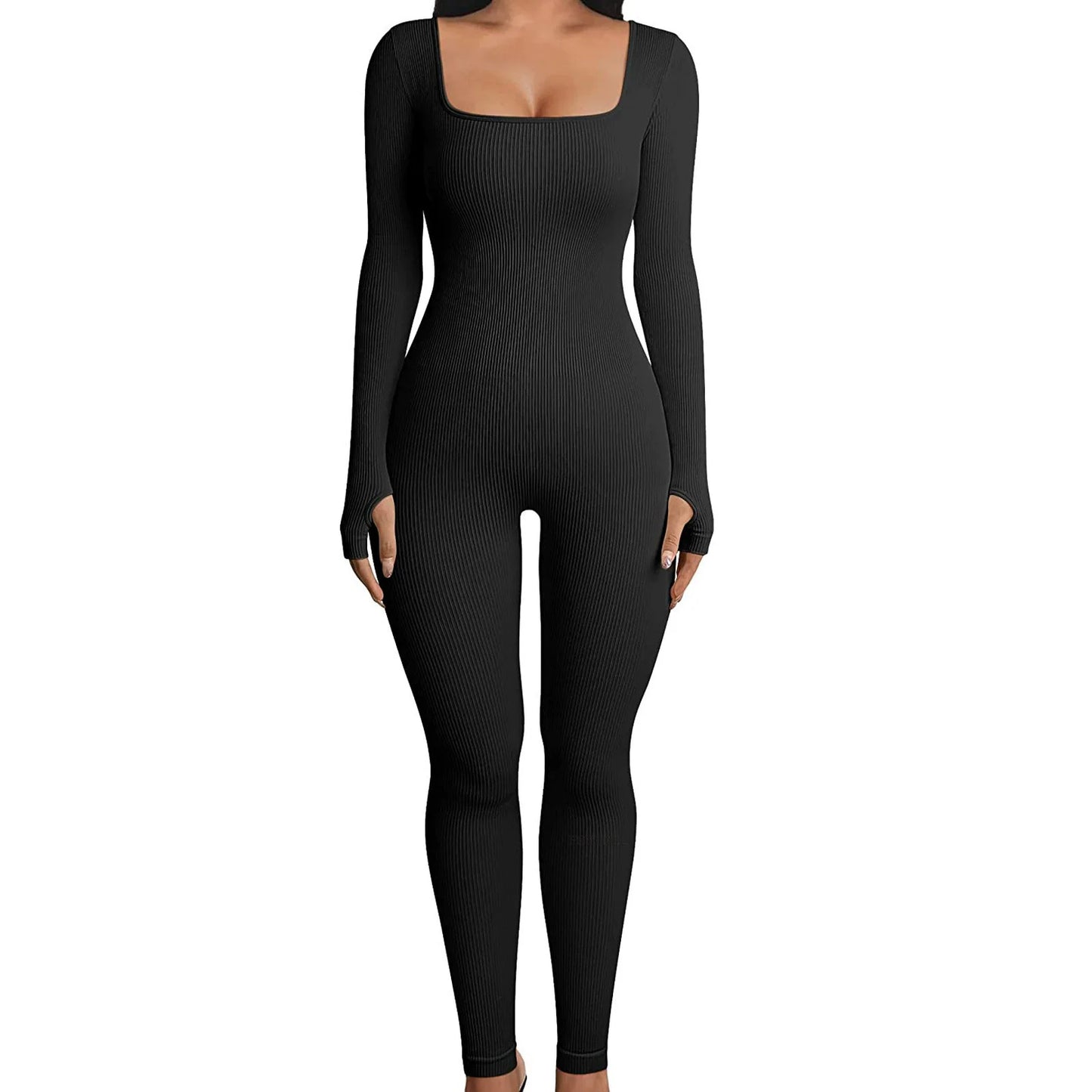 Solid Color Ribbed Yoga Jumpsuit, Seamless Slim Fit Long Sleeve Sports Bodysuit, Women's Activewear Badiee Stylez