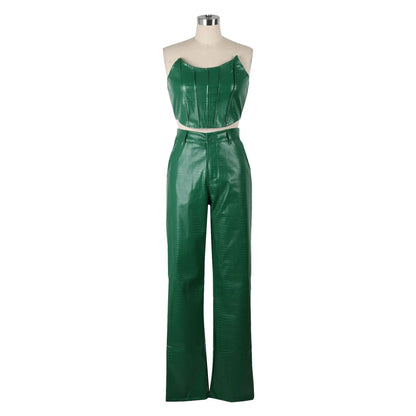 HBLL Women's Green Corset Cut-Out Cargo Sexy Sleeveless Jumpsuits PU Leather Matching Set Sexy Clubwear 2 Piece Outfits
