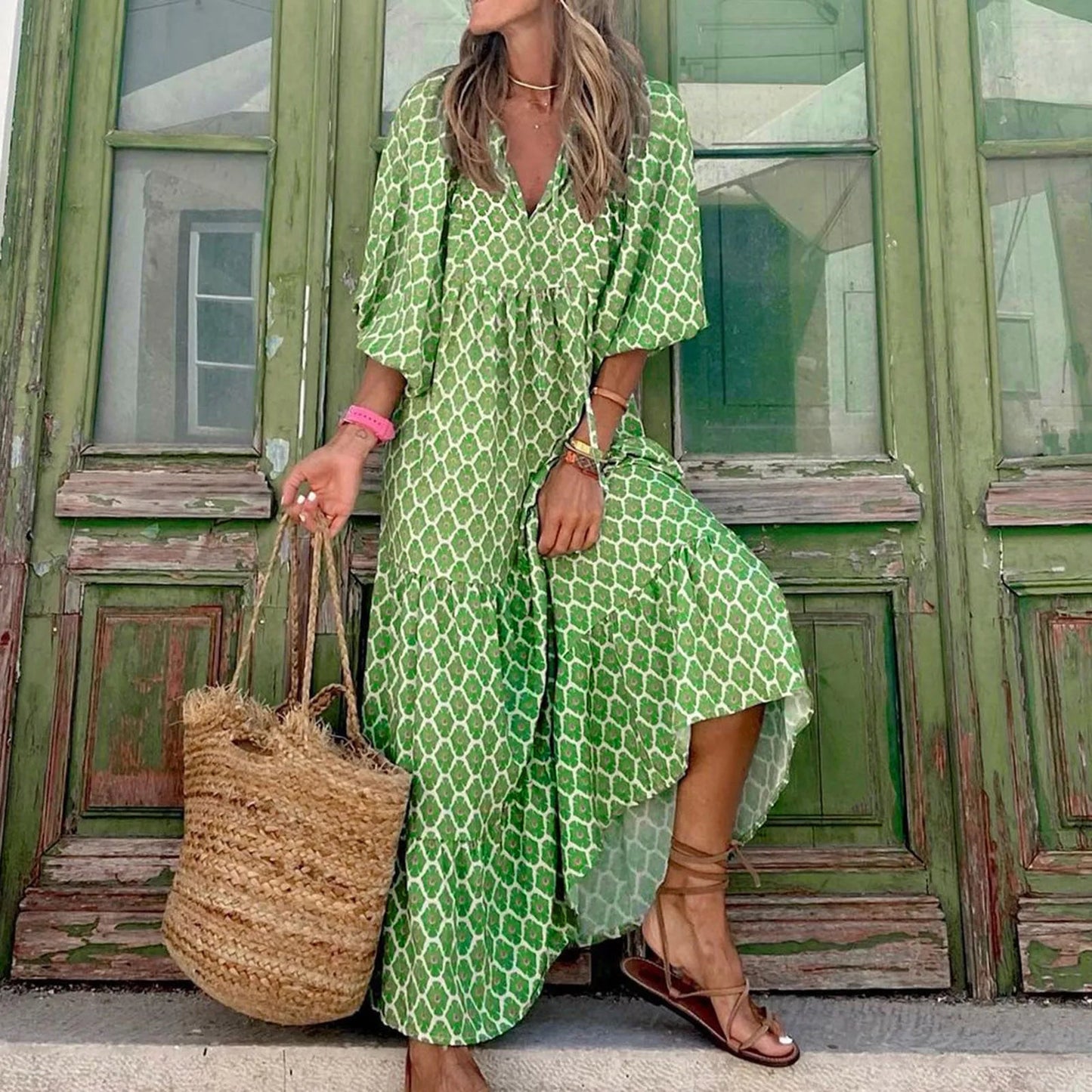 Puff Sleeve Boho Maxi Dress Elegant Women Summer 2022 Casual Floral Drawstring V-Neck Loose Holiday Beach Dresses Party Vestidos Badiee Stylez