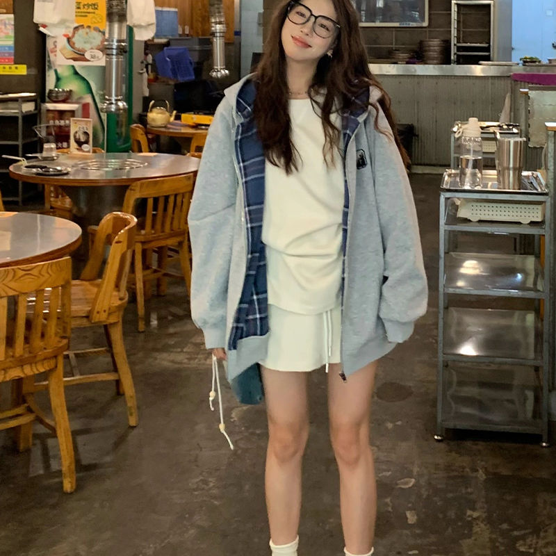 Brown Zip Up Hoodie Women 2023 Autumn Lattice stitching Long Sleeve Casual Oversized Sweatshirt Solid Jacket Women Clothing