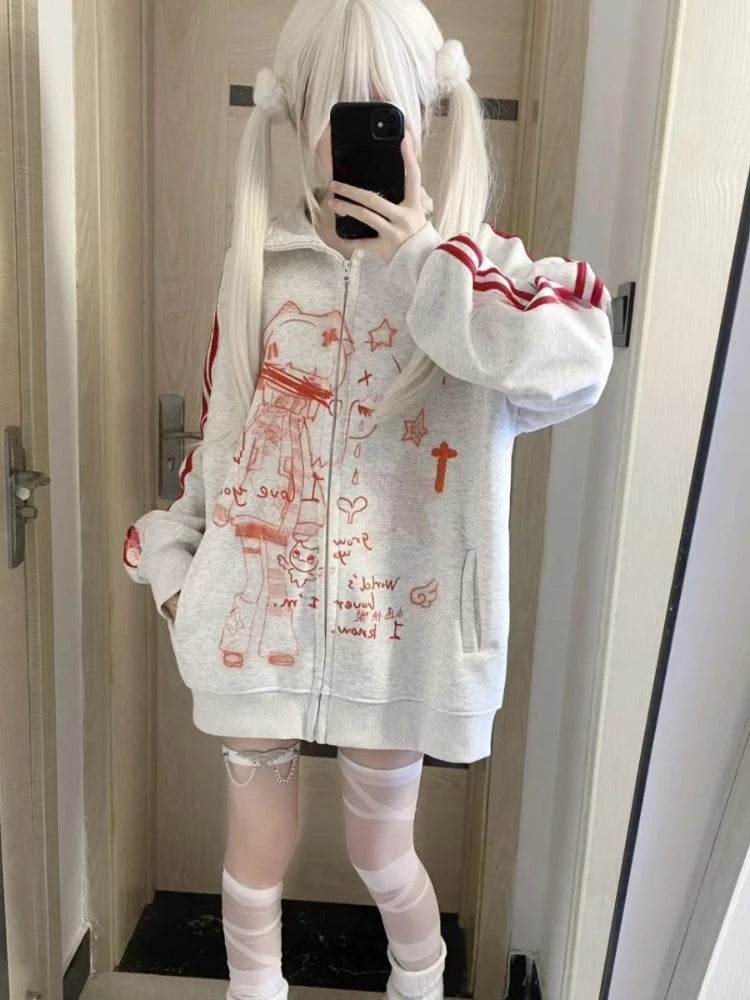 Japanese Y2k Aesthetic Stand Neck Sweatshirts Cute Kawaii Striped Anime Hoodie Harajuku Jk Casual Streetwear Loose Hoodies Women