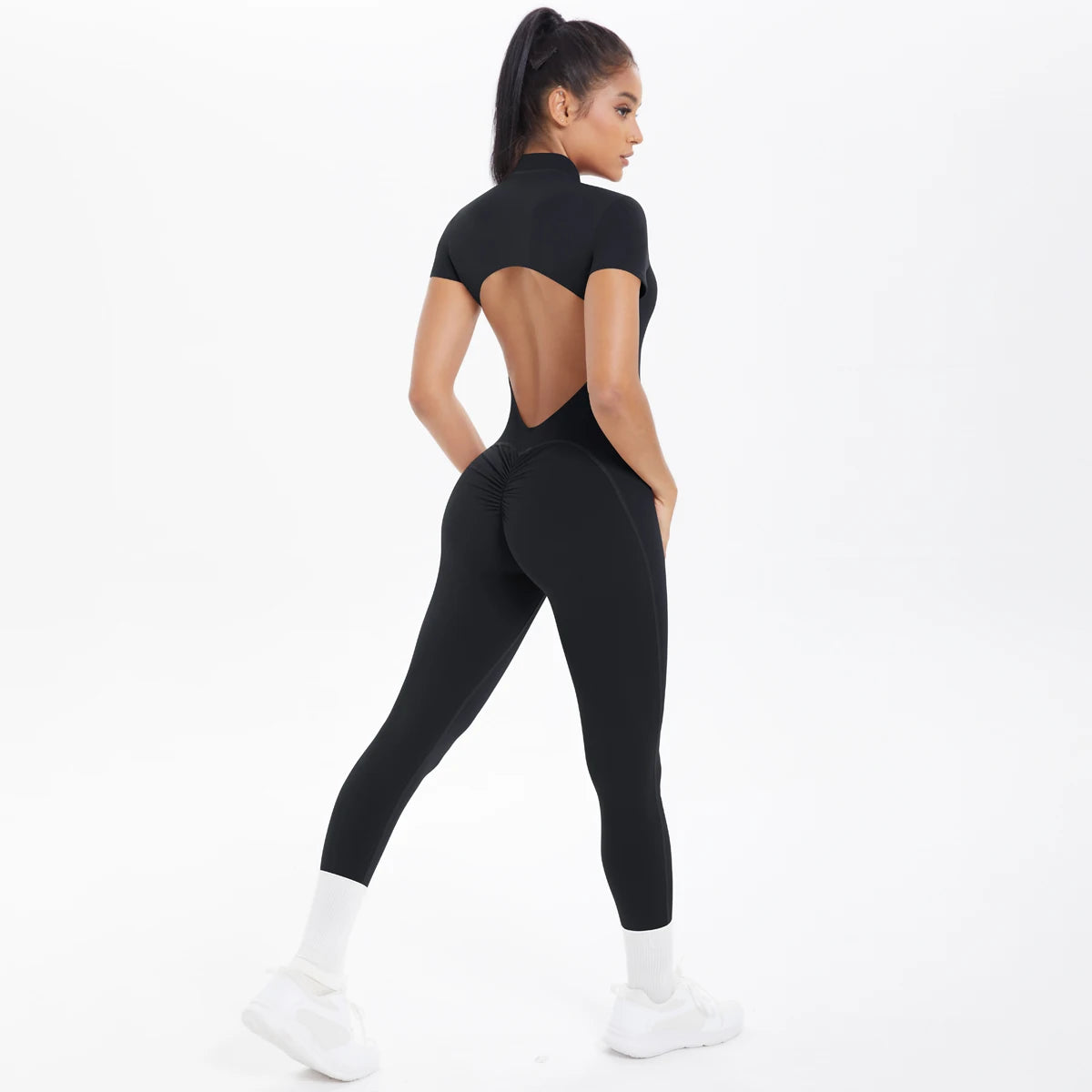 Short Sleeved Fitness Jumpsuit for Woman Bodysuits Backless Solid Color Scrunch One-Piece Suit Half Zipper Gym Yoga Sets Womens