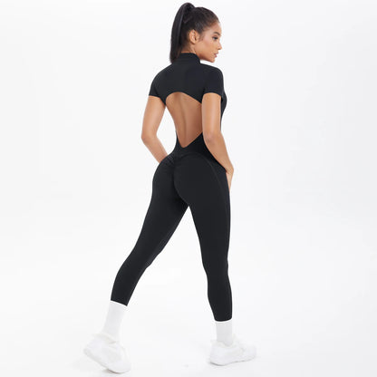 Short Sleeved Fitness Jumpsuit for Woman Bodysuits Backless Solid Color Scrunch One-Piece Suit Half Zipper Gym Yoga Sets Womens