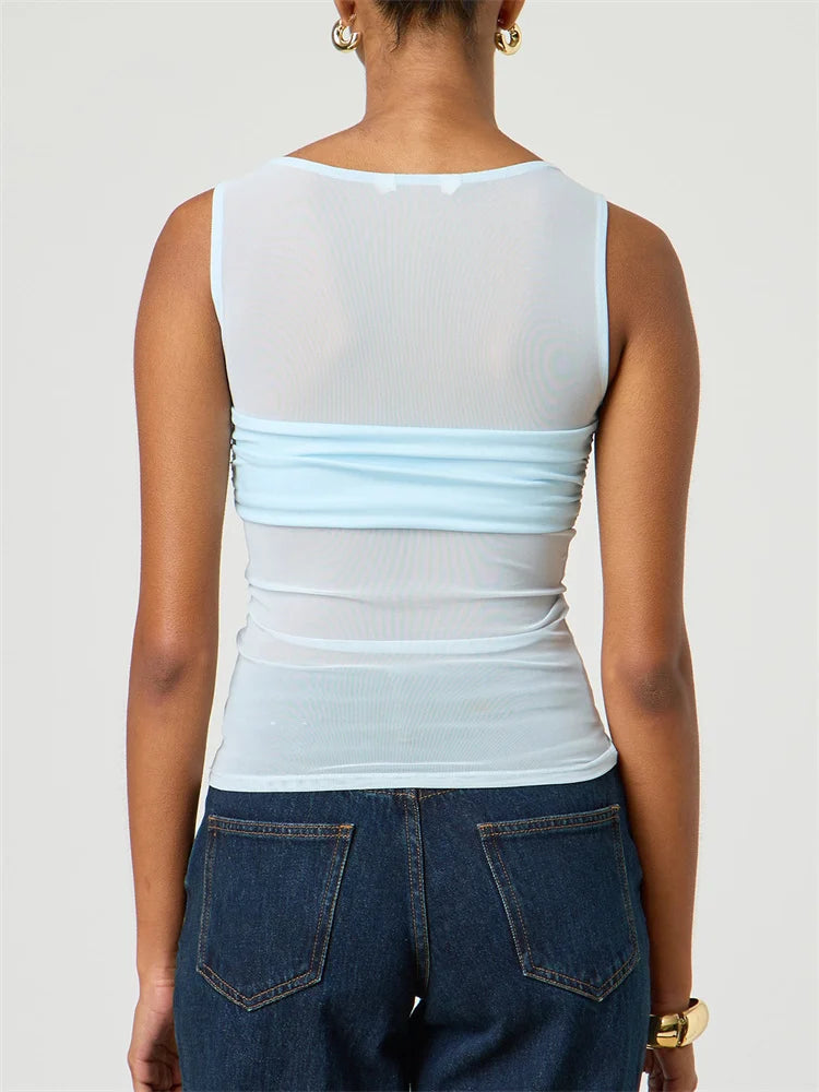 CHRONSTYLE Sexy Women Mesh Sheer See Through Tank Tops Sleeveless Round Neck Solid Color Slim Fit Ruched Patchwork Vest 2025 New