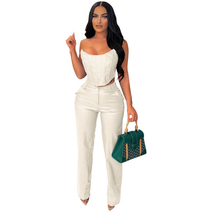 HBLL Women's Green Corset Cut-Out Cargo Sexy Sleeveless Jumpsuits PU Leather Matching Set Sexy Clubwear 2 Piece Outfits WHITE
