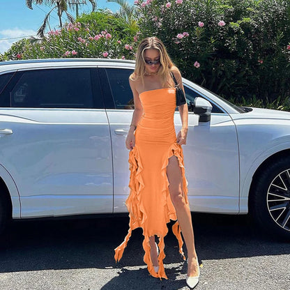 WonMiracle Elegant Strapless Dress Women Irregular Tassel 2024 Summer Trend Skinny Split Maxi Bodycon Party Dress For Women