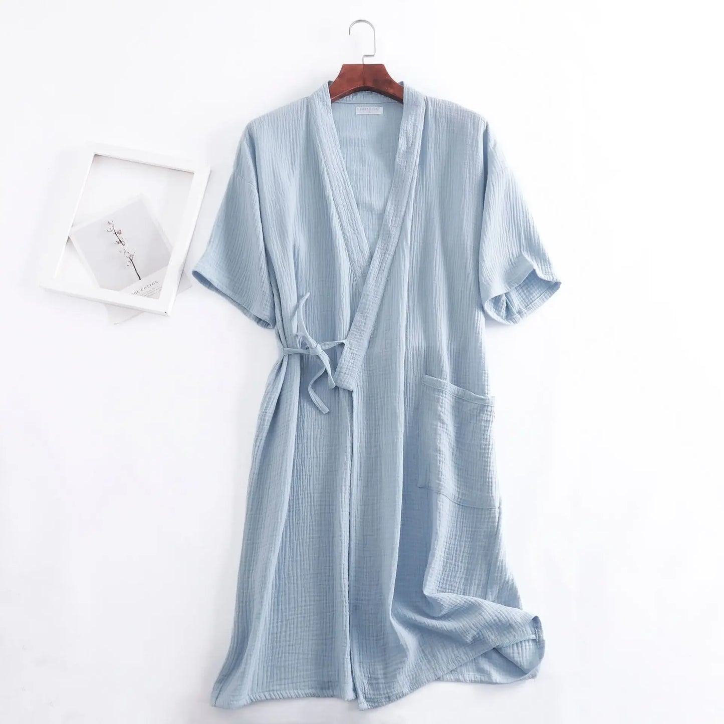 Summer 100% Cotton Gauze Crepe Short Sleeve Robes for Women and Men Solid Bathrobe Loose Soft Japanese-style Kimono Robe 2021