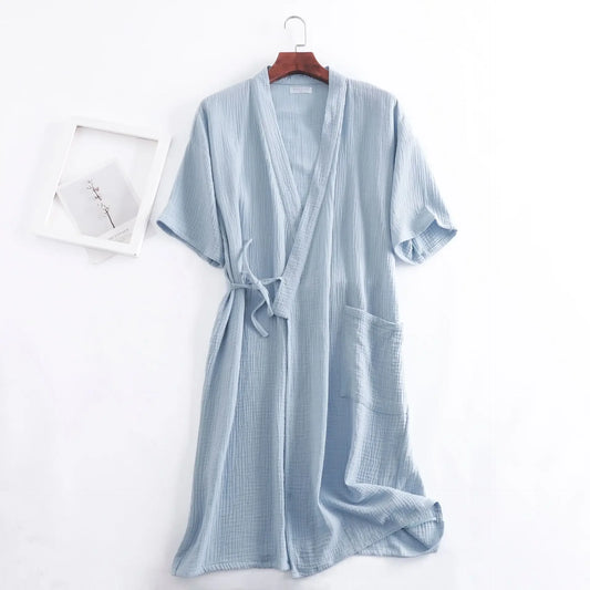 Summer 100% Cotton Gauze Crepe Short Sleeve Robes for Women and Men Solid Bathrobe Loose Soft Japanese-style Kimono Robe 2021