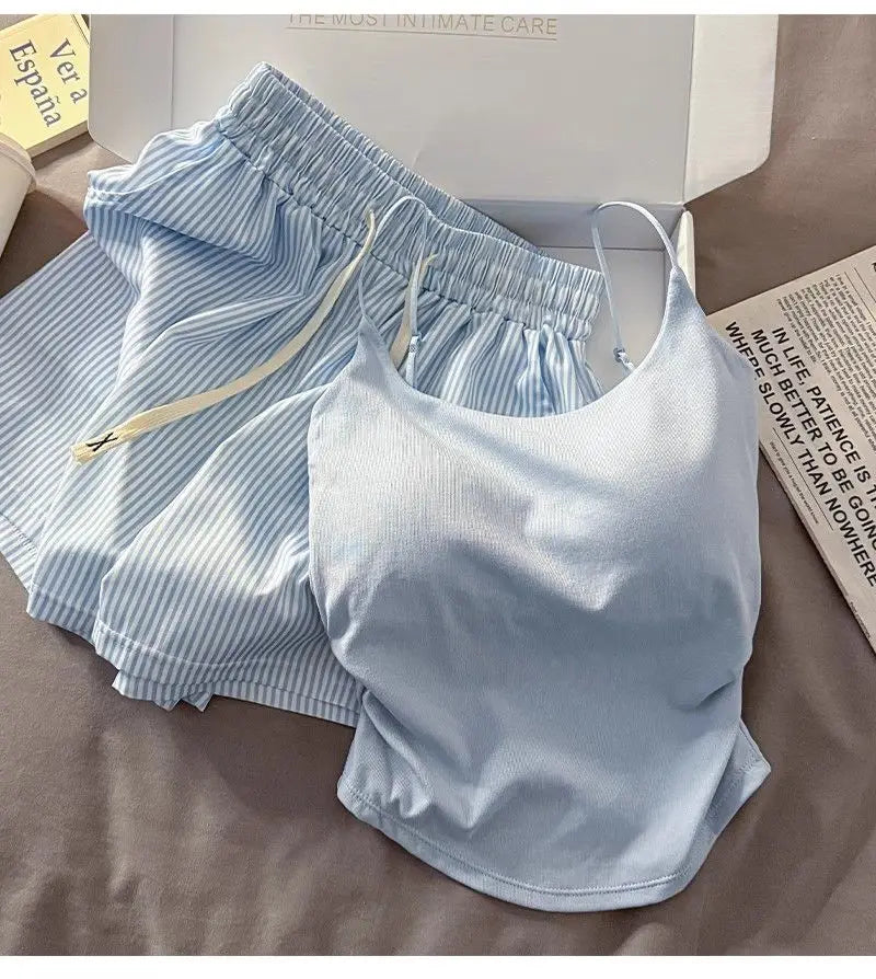 Striped Sleepwear Women Pajama Sets Spaghetti Strap Piiama Shorts Sets 2 Pieces Korean Night Wears Summer Cute Home Suit 2025