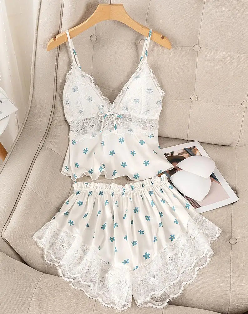 Summer Print Pyjamas Suit Women Sleepwear Lace Hollow Out Pajamas Set Sexy Strap Top&Shorts PJS Lingerie Satin Homewear