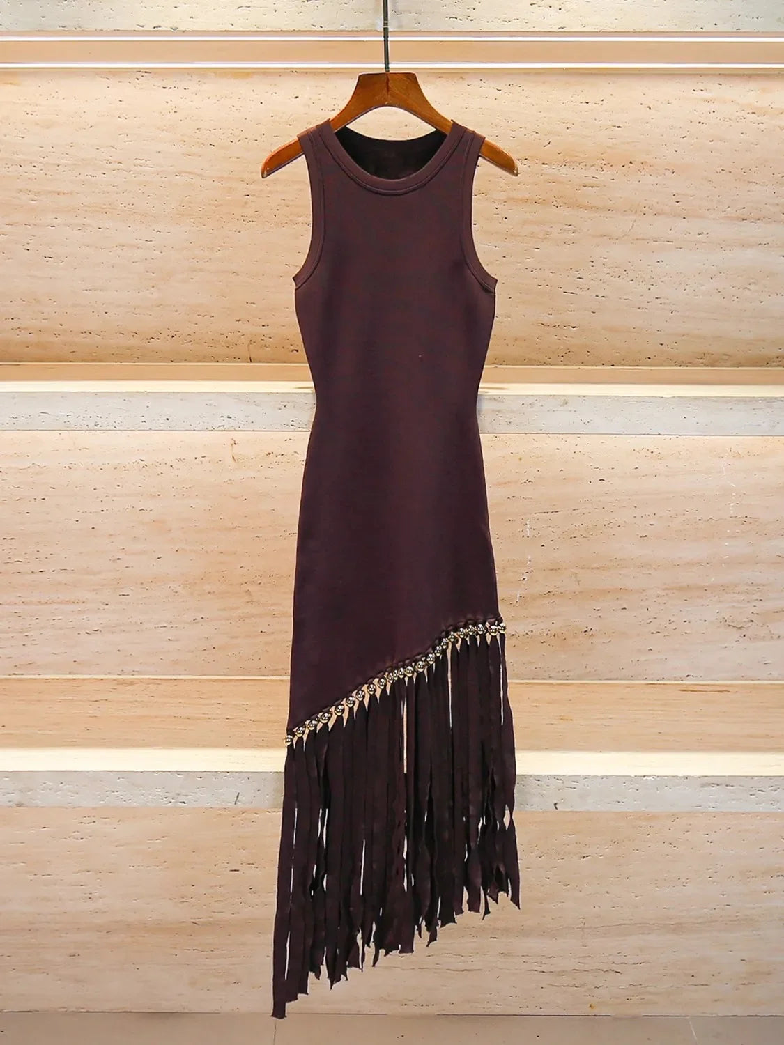 Women Diagonal Tassels Sleeveless Knit Dress Rhinestone Decoration 2025 Spring Summer Lady Retro Slim Knit Midi Robe Badiee Stylez