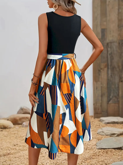 Women's Summer Sleeveless Dress, Color - Blocked Pattern with Belted Waist, Ideal Vacation Outfits Women, Flowy Dress Summer
