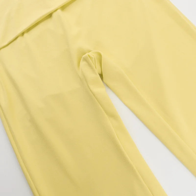 Fashion Soild Women's Set Long Sleeve Yellow U Neck Shirt and Flared Pants 2024 Elegant Tracksuits Two 2 Piece Set Outfits