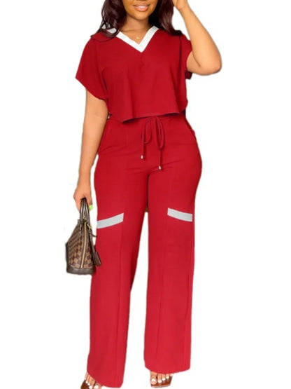 Elegant Women's Casual Short Sleeve T-shirt Sports Suit Summer Fashion Solid V Neck Short Top & Straight Pants Two Piece Sets Red CHINA