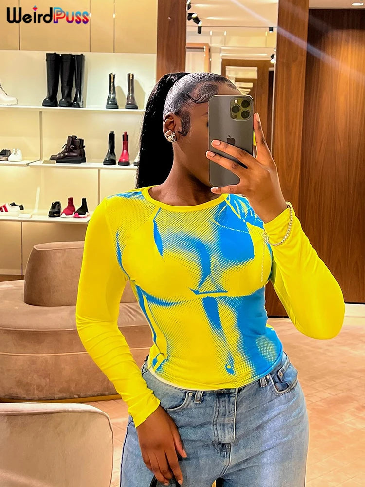 Weird Puss Sexy Print Women Crop Top Long Sleeve O Neck 2023 SpringTrend Skinny Wild Stretchy Vintage Midnight Streetwear Tees