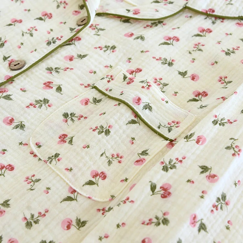 2025 Spring and Autumn Women's Pajama Set 100% Cotton Crepe Long sleeved Pants Two piece Cute and Sweet Home Fury Set Ladies