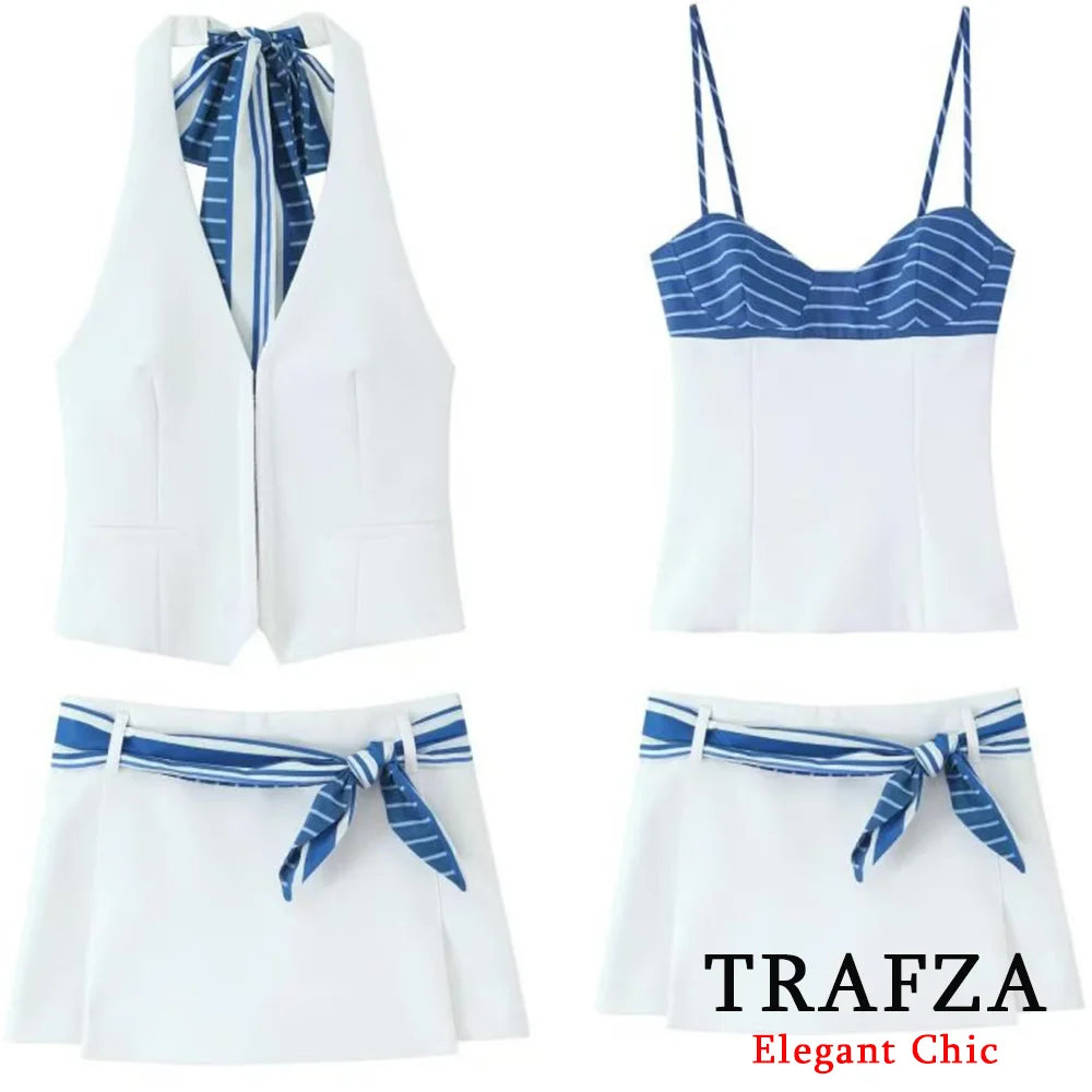 TRAFZA Sweet High Street Slim Lady Set Contrasting Colors Tops Or Belt Shorts 2025 Summer Fall Fashion Holiday Cute Shorts Set Badiee Stylez