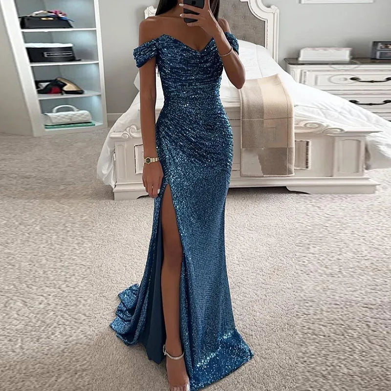 Women Elegant High Slit Cocktails Dress New Lady Party Banquet Slim Sequin Maxi Dress Sexy Slash Neck Glitter Floor-Length Dress 04 Blue