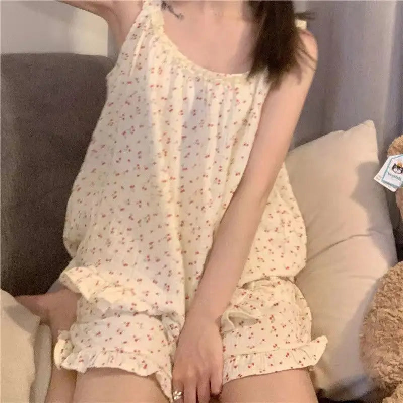 Pajamas Set for Women Sexy Home Clothing Sleepwear Tank Top Suit Shorts Cute Underwear Soft Nightwear Sleeveless Lace Loungewear