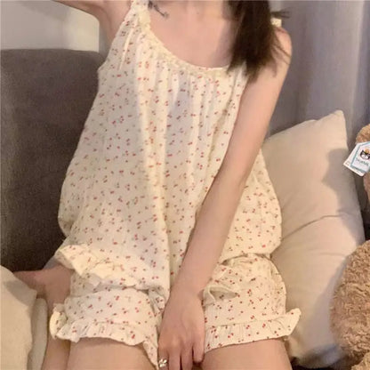 Pajamas Set for Women Sexy Home Clothing Sleepwear Tank Top Suit Shorts Cute Underwear Soft Nightwear Sleeveless Lace Loungewear