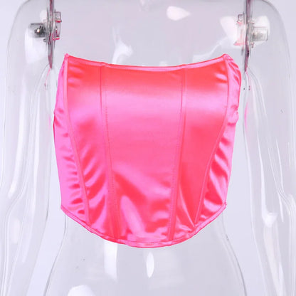 Sleeveless Off Shoulder Fashion Sexy Corset Crop Tops Vest Female Underwear Backless Bustier Top Solid Pink