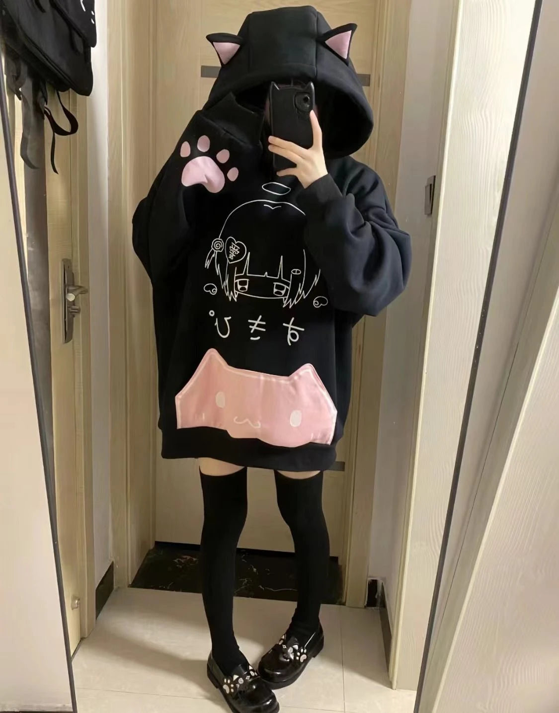 Japanese Cartoon Print Fleece Hoodies Women Harajuku Gothic Cat Ears Hooded Vintage Hoody Streetwear Y2k Aesthetic Sweatshirt