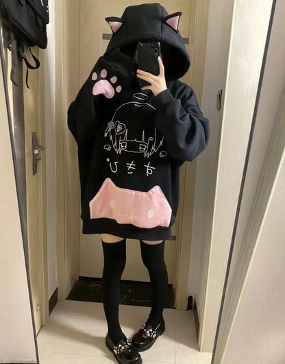 Japanese Cartoon Print Fleece Hoodies Women Harajuku Gothic Cat Ears Hooded Vintage Hoody Streetwear Y2k Aesthetic Sweatshirt