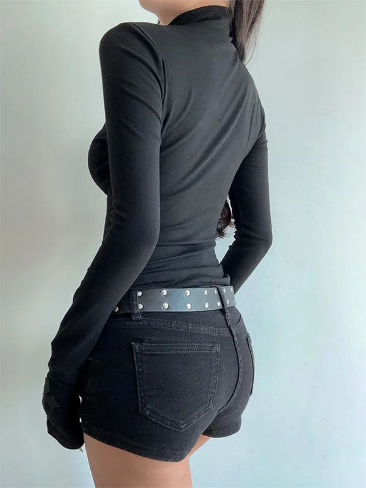 Turtleneck Top Y2k Clothes Black Gothic Cross Hollow Slimming Bottom T Shirt for Women Long Sleeve Sexy T-shirt Girls Tops Badiee Stylez