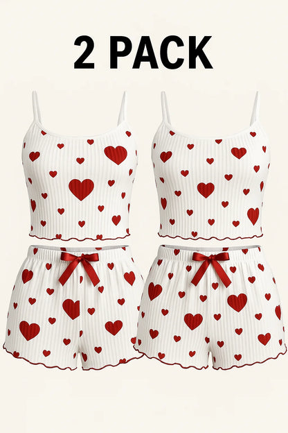 Women’s 2PCS Heart Print Pajama Set, Sleeveless Crop Top and Shorts, Soft Comfy Sleepwear Loungewear for Summer Nightwear 2 Pack