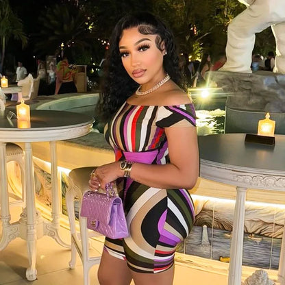 ANJAMANOR Multicolor Printed Off Shoulder Short Jumpsuits for Women 2024 Sexy Club Outfit Ladies Rompers Summer Clothes D85-BZ14