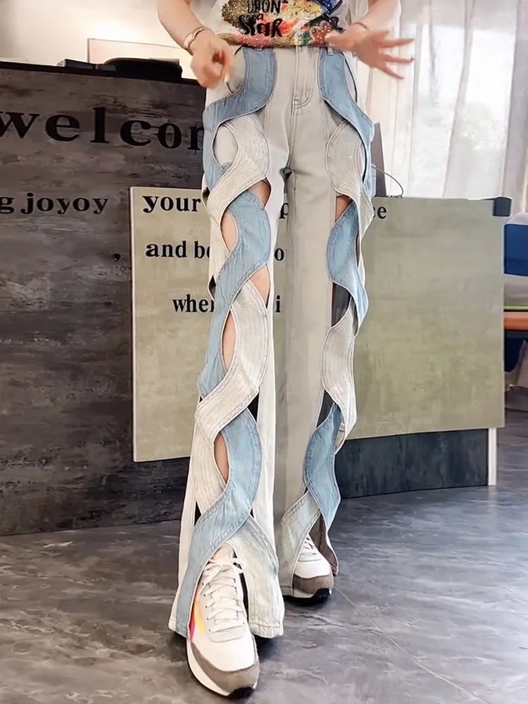 VGH Crisscross Hit Color Streetwear Denim Trousers For Women High Waist Patchwork Pockets Hollow Out Split Pants Female 2024