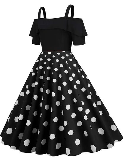 Off the Shoulder Elegant Vintage Party Dress Women Summer Polka Dot Ruffles A Line Midi Dresses