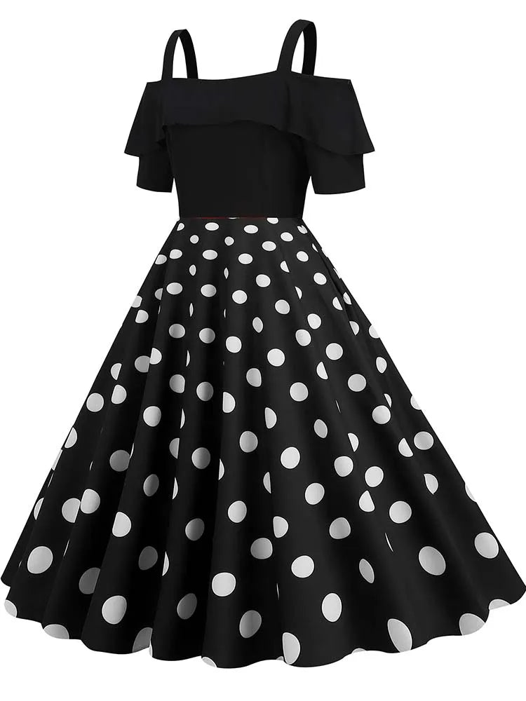 Off the Shoulder Elegant Vintage Party Dress Women Summer Polka Dot Ruffles A Line Midi Dresses Badiee Stylez