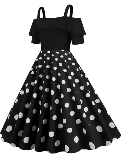 Off the Shoulder Elegant Vintage Party Dress Women Summer Polka Dot Ruffles A Line Midi Dresses Badiee Stylez
