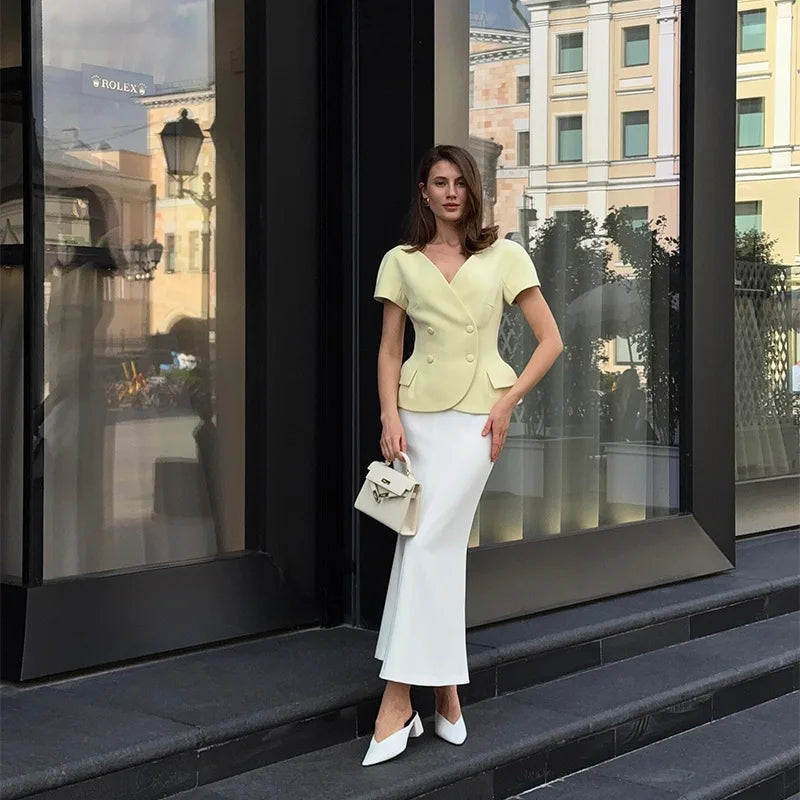 Elegant Short Sleeve Women's Top 2025 Summer Fashion V-neck Button Slim Office Lady Commuting Tops Street Solid Female Shirt