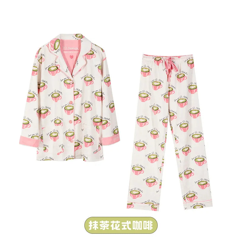 Women's Print Cotton Pajama Set Long Sleeve Autumn Winter Ladies Sleepwear 2 Pcs with Pant Single Breasted Pijama Suit Female Style 1