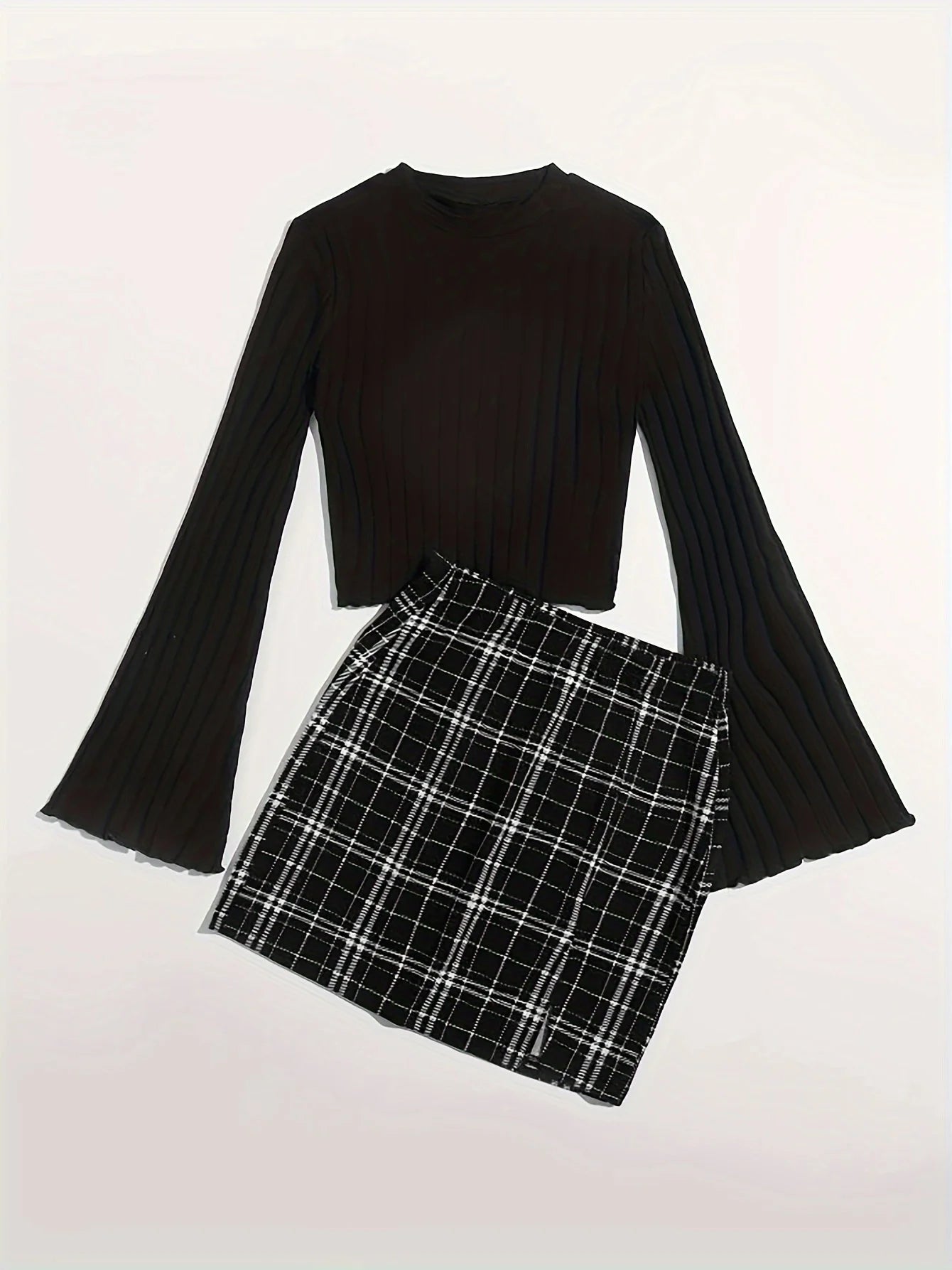 Casual Colorblock Two-piece Skirt Set Ribbed Crew Neck Long Sleeve Top & Plaid Skirts Women's Clothing Badiee Stylez