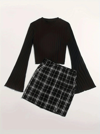 Casual Colorblock Two-piece Skirt Set Ribbed Crew Neck Long Sleeve Top & Plaid Skirts Women's Clothing Badiee Stylez